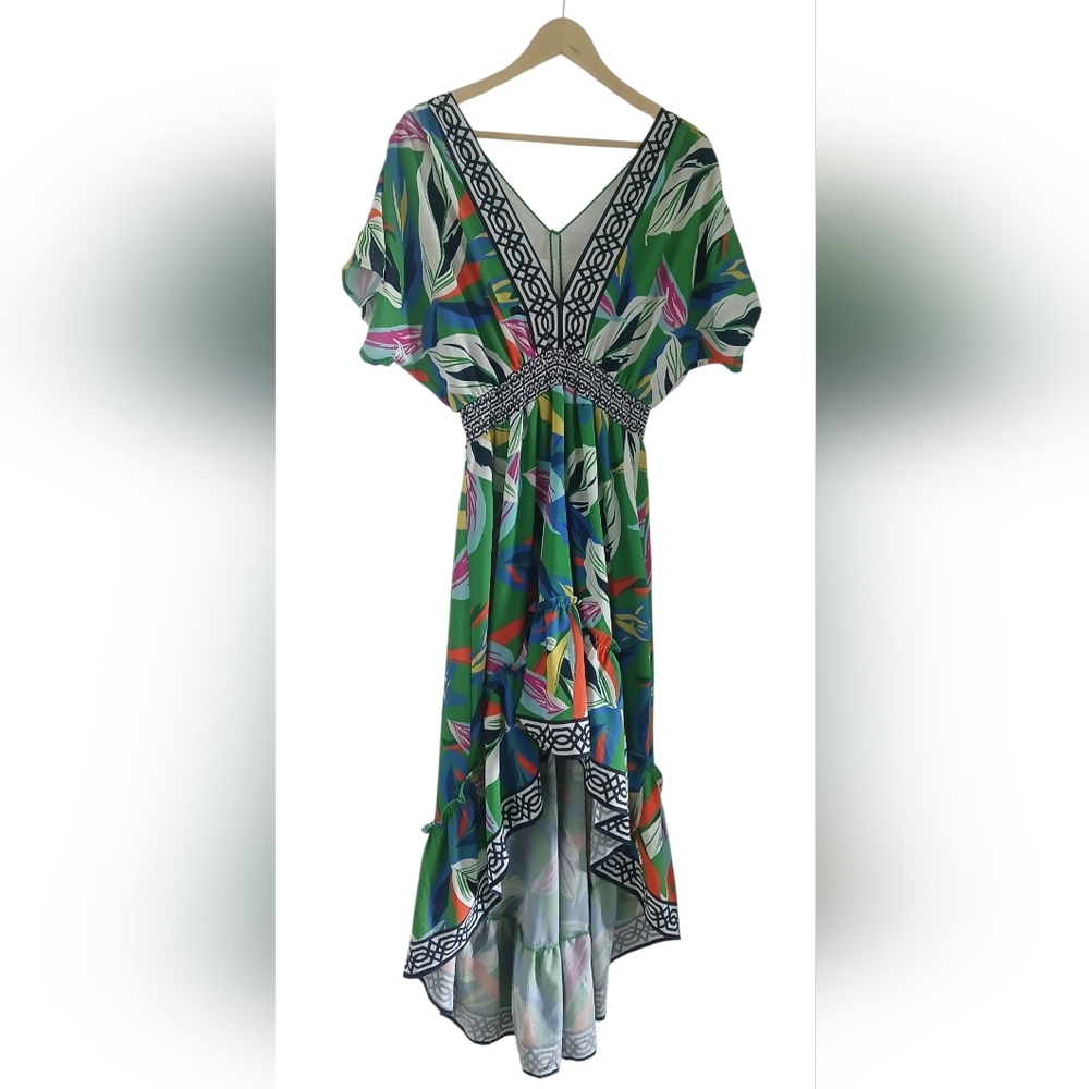 Flying Tomato Dress V-Neck Hi-Lo Floral Elasticized Waist Flowy Tropical Print - Picture 8 of 13